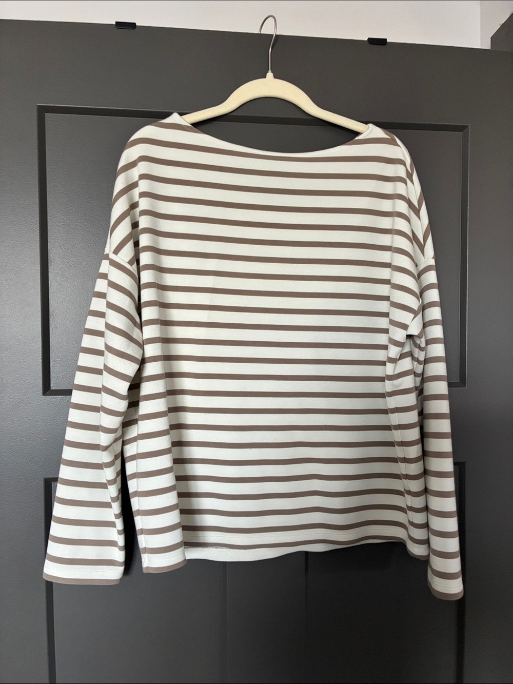 SPANX Striped Boatneck Long-Sleeve Top in Cream and Brown